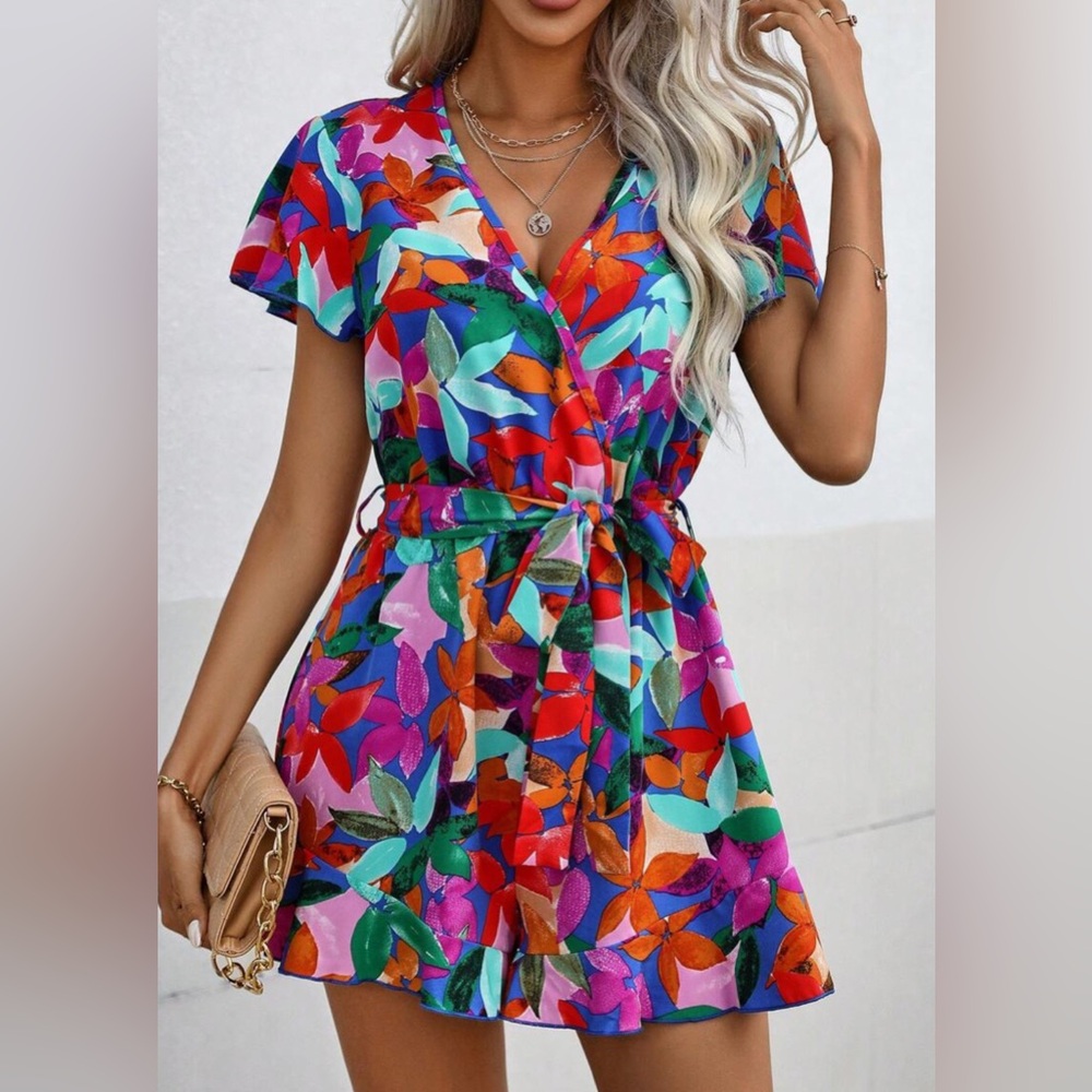 New Spring Summer Women Colorful Floral Wrap Romper Various Sizes